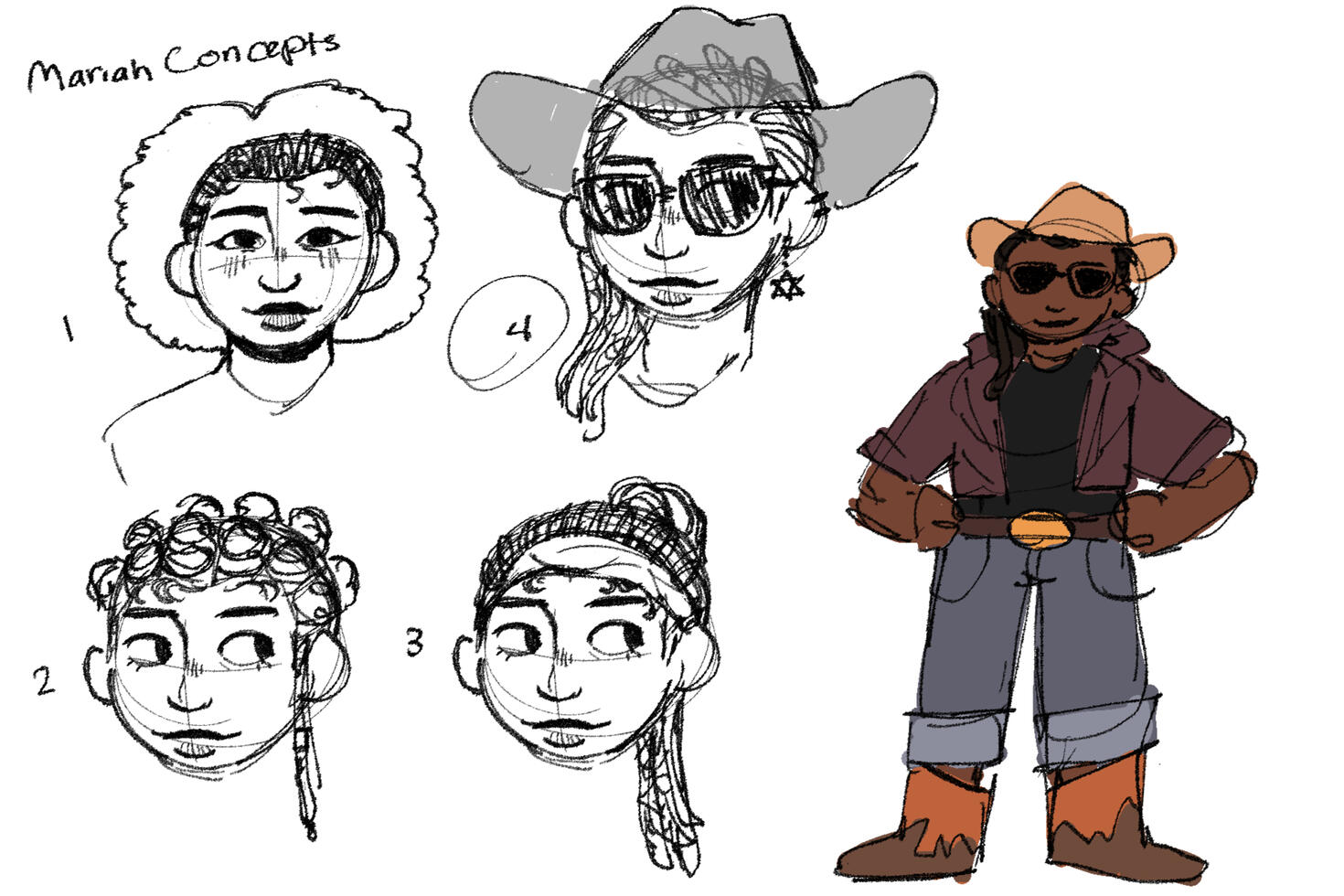 Concept art for Mariah. Many different hair styles are shown, but the selected hair style is braids to the side with a cowboy hat on top and Star of David earrings. Mariah is a middle aged Black woman