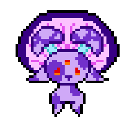 Purple cow sprite bobbing its head. It has mushroom caps for horns and above its head.