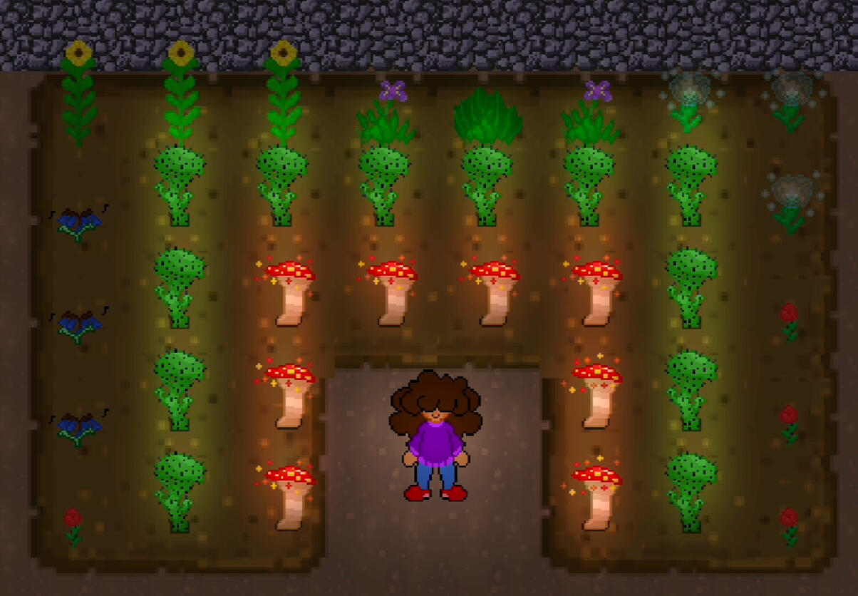 The playable character surrounded by flowers and mushrooms